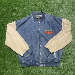 Vintage Varsity Jacket Men’s Large Denim Khaki KIKN Radio Embroidered Retro